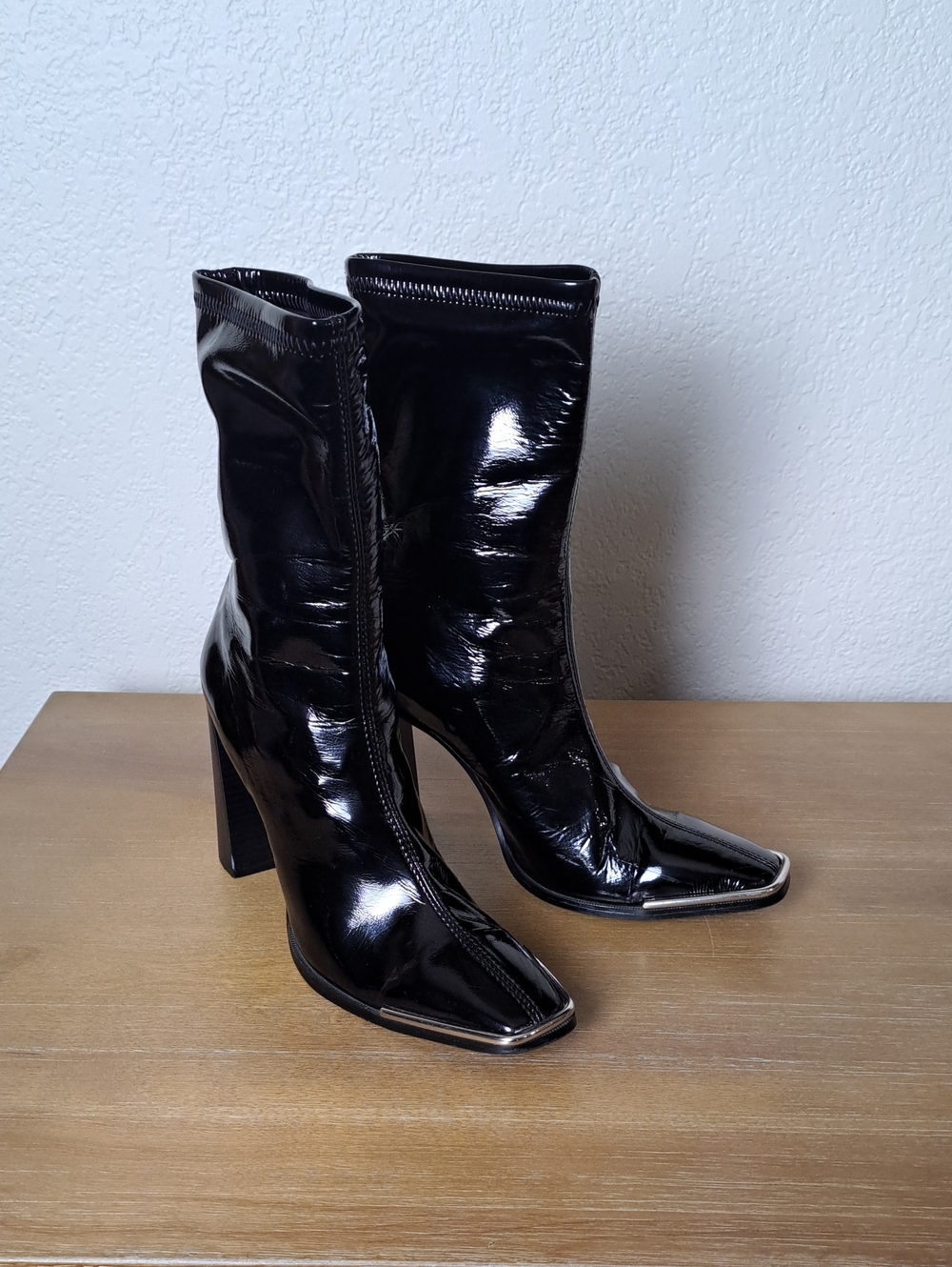Alexander Wang Hailey Black Patent Leather Metal Toe Mid Calf Boots EU 37
